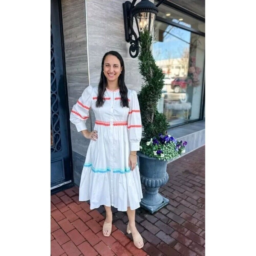 Marie By Victoria Dunn Amelie White Cotton Provence Long Sleeves Midi Dress XS